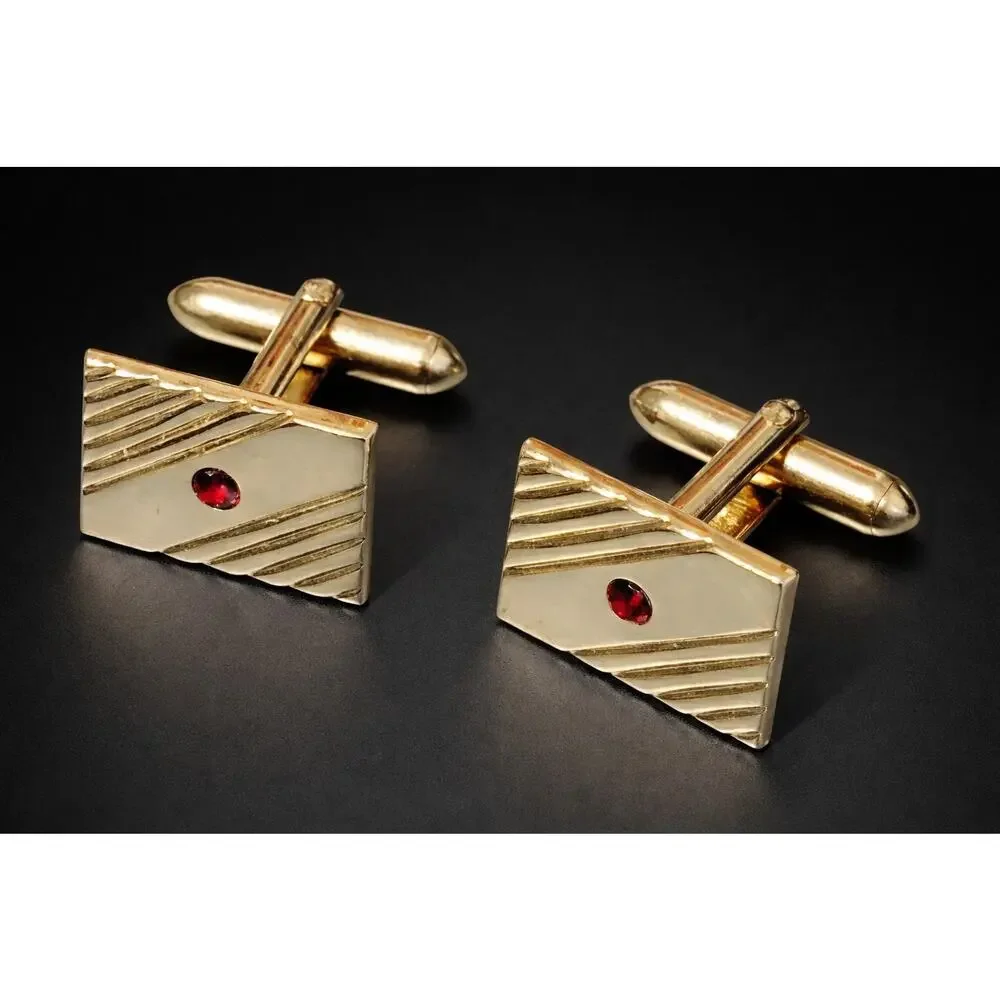 Vintage‎ Swank Gold-tone & Red Rhinestone Rectangular Cufflinks- Mid-century cl-
